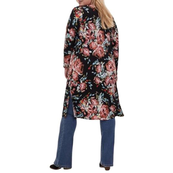 Torrid Floral Black and Pink  Cardigan Open Front Longline Sweater Size 2 - Picture 7 of 11
